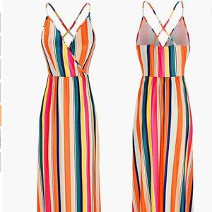 Deep V-Neck Summer Striped Print Split Maxi Dress for Summer Spring Party Beach